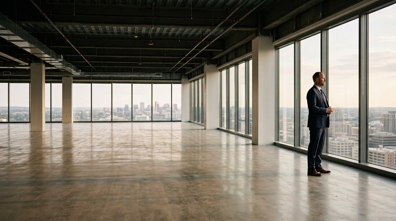 Matt Lamb standing in an empty office floor available for lease, looking out over the city