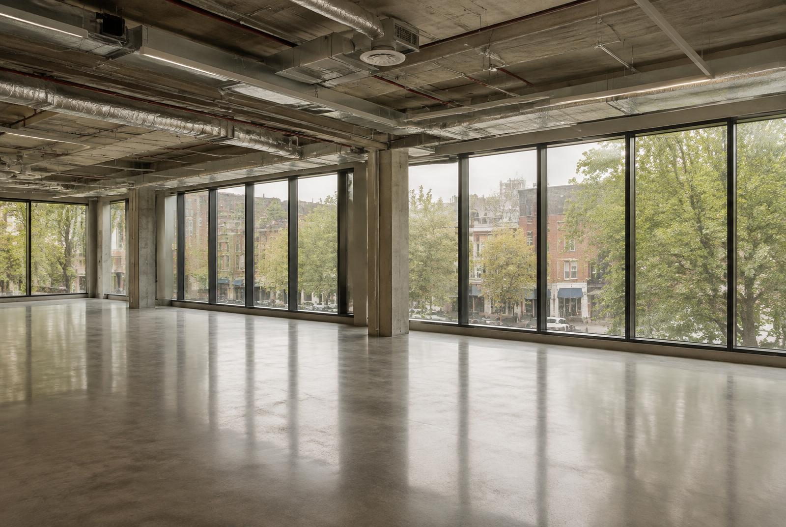 Empty open-plan office floor with full-height windows