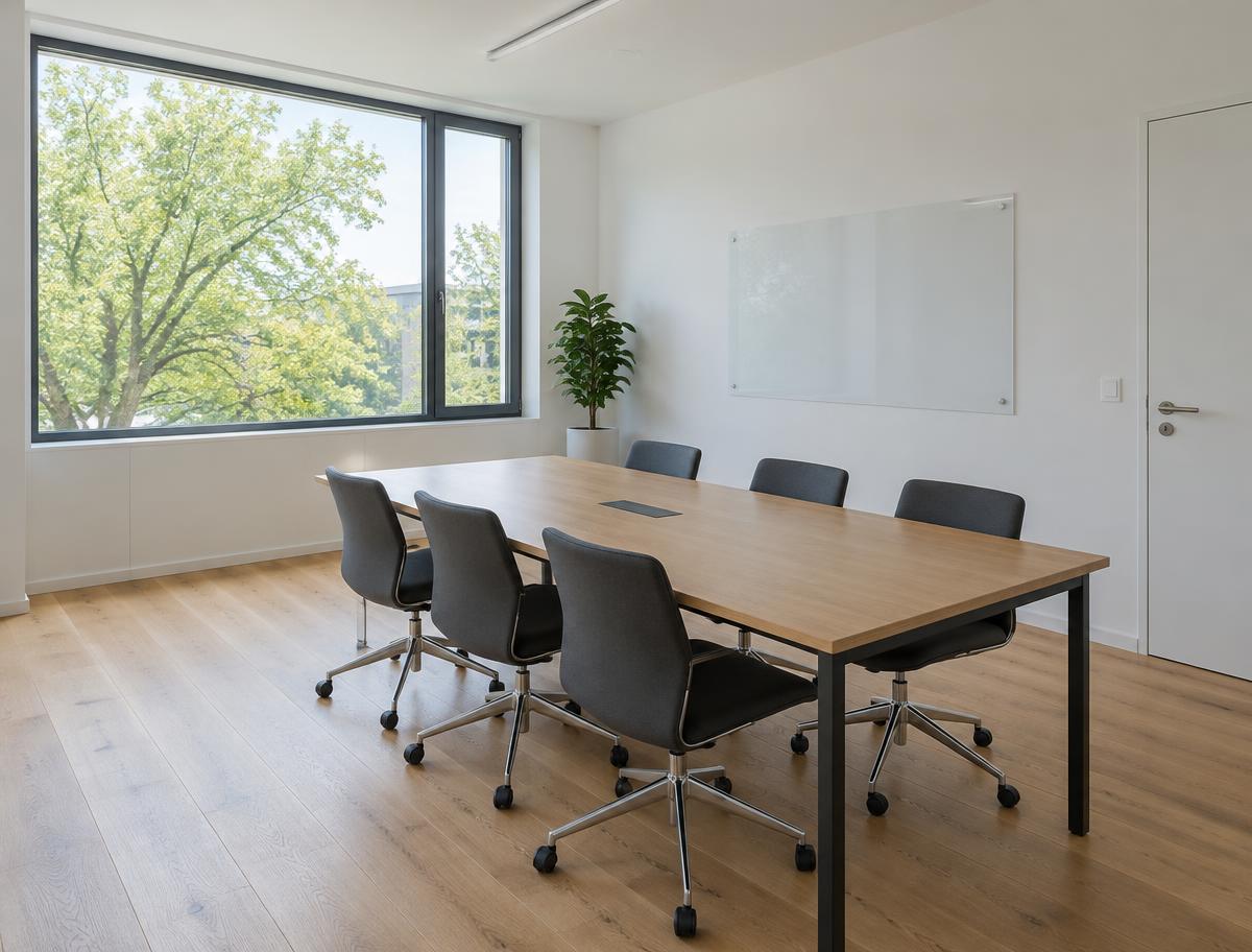 Meeting room with oak floor and a tree view