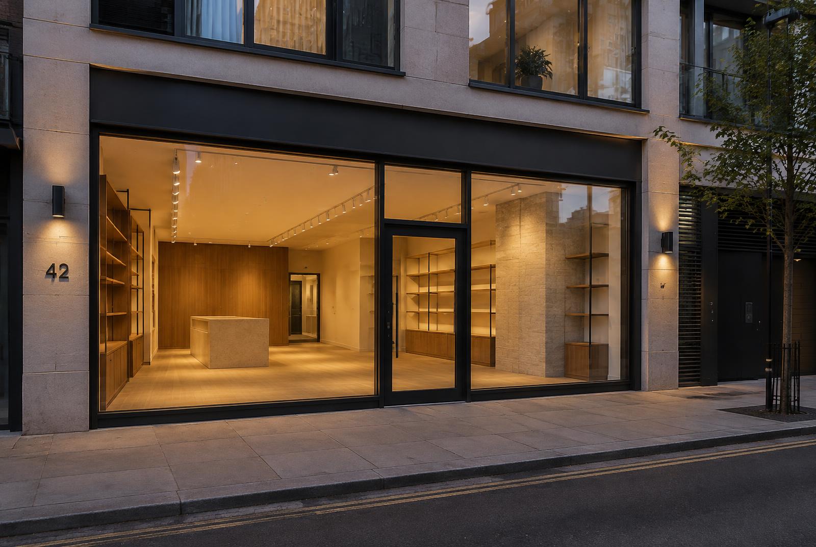Lit, glazed retail shopfront at dusk with timber shelving
