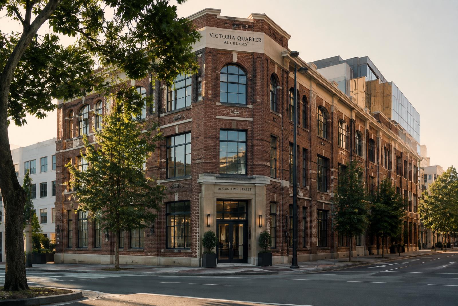 Restored brick office building on a tree-lined corner