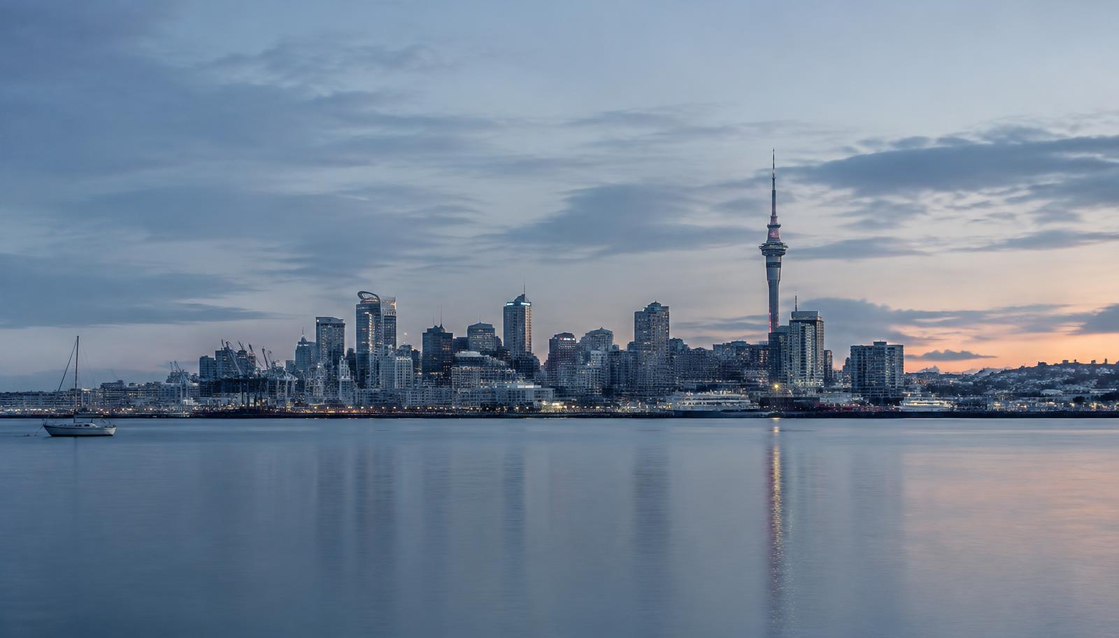 Auckland skyline and Sky Tower from the harbour